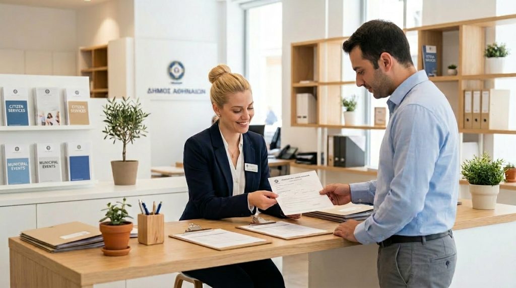 Public sector employee assisting a citizen at a municipal front desk, showcasing bulk SMS notification services for NGOs, local governments, and public organizations by ProSMS.gr.