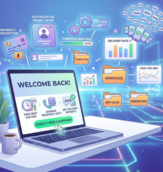 An illustration of a laptop showing the ProSMS.gr bulk SMS platform dashboard with a "Welcome Back!" message and a "Create New Campaign" button, surrounded by floating analytics and feature icons.