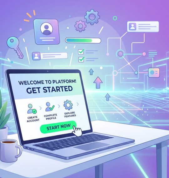 An illustrative image of an onboarding page on a laptop, showing "WELCOME TO PLATFORM!" for ProSMS.gr and a three-step process: Create Account, Complete Profile, Explore Features, with a "Start Now" button.